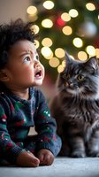 Young African American toddler in Christmas sweater shows amazement while sitting next to grey cat, with festive bokeh lights creating magical holiday atmosphere.