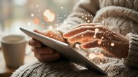 Woman in cozy sweater using digital tablet with glowing network icons and data connections. Modern technology communication concept for business presentations.