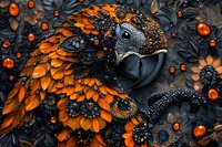 Artistic macaw parrot portrait created with orange and black floral elements, beads, and decorative details against dark background. Intricate fantasy bird composition.