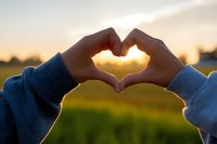 Hands forming heart shape against golden sunset sky over blurred green field landscape creating romantic love symbol gesture for Valentine's Day concepts.