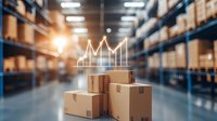 Growing business chart hologram over cardboard boxes in modern warehouse storage facility with rows of shelves and logistics background.