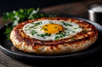 Grilled Georgian khachapuri with sunny side up egg and fresh herbs on dark plate. Traditional cheese bread topped with runny yolk and chopped parsley.