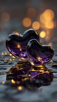 Two purple glass hearts with golden light reflections on wet surface creating romantic bokeh background for Valentine's Day and love concepts.