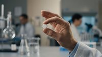 Scientist holding invisible object in laboratory with colleagues working in background, representing innovation, research, and scientific discovery.