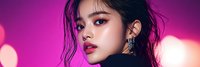 Young Asian woman with dark hair and bold makeup posing against vibrant purple and pink neon lighting background for fashion and beauty concepts.