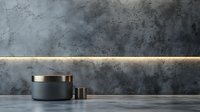 Minimalist dark concrete wall with LED backlight strip creating atmospheric glow, metal decorative objects on concrete floor. Modern interior design concept.