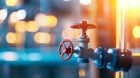 Industrial red valve on metal pipeline with blurred bokeh lights background, selective focus on plumbing equipment in manufacturing facility.