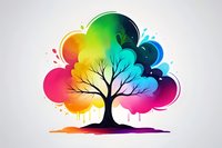 Vibrant rainbow colored tree silhouette with abstract cloud-like shapes forming the canopy, perfect for creative design projects, logos, and modern wall art prints.