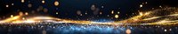 Magical glowing wave with sparkling golden and blue light particles flowing on dark background, creating ethereal festive atmosphere.
