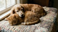 Golden retriever dog and orange tabby cat cuddling together on cozy bed by window. Peaceful domestic pets friendship scene for home decor and animal lovers.