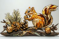 Decorative stained glass squirrel with pine cones and branches in autumn colors, woodland creature art piece on natural wood base for seasonal decor.
