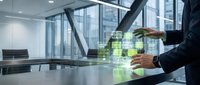 Businessman using holographic digital interface technology in modern office environment for data analysis and business management solutions.