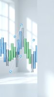 Abstract bar chart with blue and green vertical columns connected by network nodes on white background, representing data analytics, business growth, and digital connectivity for corporate presentations and financial reporting.