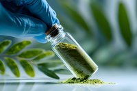 Hand in blue glove pouring green herbal powder from glass bottle against blurred green leaf background, showcasing natural supplement production.