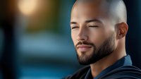 Confident Hispanic businessman with beard and shaved head in pinstripe suit against blurred background, eyes closed in contemplative expression.