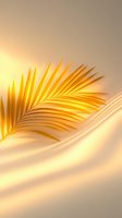 Golden palm leaf on soft beige background with gentle shadows and light effects creates minimal tropical composition for wellness and spa designs.