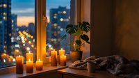 Cozy evening apartment interior with glowing candles on windowsill overlooking illuminated city skyline at dusk for relaxation and home decor concepts.