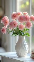 Soft pink carnations in white ceramic vase on windowsill table creating elegant home decor arrangement with natural lighting and peaceful atmosphere.