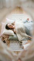 Young woman with brown hair resting on bed with white pillows and knit blanket, surrounded by dried flowers and coffee cup, overhead view for wellness and lifestyle content.