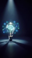 Glowing light bulb with brain and digital technology icons representing innovation, artificial intelligence, and creative thinking in futuristic concept.