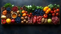 Fresh organic produce and raw ingredients arranged in colorful rows including fruits, vegetables, nuts, berries, meat cuts and spices on dark rustic wooden background.