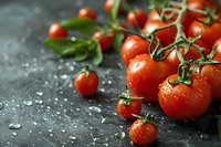 Fresh cherry tomatoes on vine with water drops against dark background, dramatic lighting highlights natural produce for food photography and culinary design.