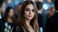Young woman in black lace dress holding wine glass at elegant evening event with soft bokeh lights in background, portraying luxury lifestyle and celebration.