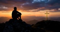 Man silhouette sitting on mountain peak contemplating wooden cross at dramatic sunset with layered hills and colorful sky for spiritual reflection.