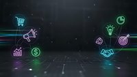 Digital business icons floating on dark futuristic background with neon glow effects and grid floor for technology presentations and marketing materials.