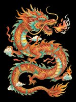 Asian dragon isolated on transparent background, featuring ornate red and gold scales with turquoise accents, flowing mane and tail. Ready for t-shirts, stickers, clipart, sublimation and print-on-demand designs.