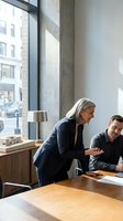 Mature businesswoman and male colleague collaborating in modern office meeting room with city view discussing project strategy and planning.