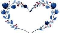 Heart-shaped floral wreath with navy blue tulips, light blue leaves and red berries on white background, watercolor style botanical frame for wedding invitations.