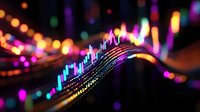 Vibrant multicolored bokeh lights create dynamic wave pattern against dark background, glowing neon streaks and dots form abstract flowing curves with depth of field effect.