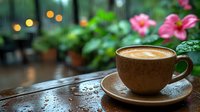 Steaming cappuccino with latte art in brown ceramic cup on wooden table, pink flowers and bokeh lights in background create cozy cafe atmosphere.