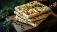 Grilled flatbread with herbs and spices stacked on wooden cutting board. Fresh dill garnish and scattered seasonings create rustic Mediterranean atmosphere.