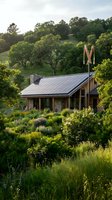 Modern eco-friendly house with solar panels nestled in lush green landscape surrounded by native vegetation and rolling hills at golden hour.