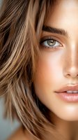 Close-up portrait of young woman with green eyes, natural makeup, and honey blonde hair falling across face. Soft lighting highlights flawless skin and defined features.