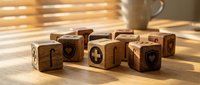 Wooden cubes with healthcare and medical symbols arranged on table surface. Business concept for insurance, wellness programs, and medical services.