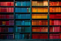 Colorful library shelves organized by vibrant hues of red, blue, yellow and orange books creating a rainbow pattern effect in modern bookstore interior.