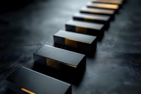 Black rectangular blocks arranged in diagonal line with dramatic lighting and shadows on dark background creating minimalist geometric composition.