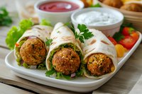 Falafel wrap sandwich with fresh vegetables, lettuce, and dipping sauces served on white plate. Middle Eastern street food with tahini and tomato sauce.