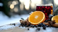 Festive winter drink with mulled wine, fresh orange slices, star anise and cinnamon sticks on snowy background with bokeh lights and holiday decorations.