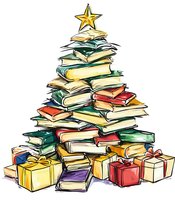 Creative stack of books arranged in shape of Christmas tree with golden star on top and wrapped gift boxes beneath, watercolor style illustration on white background.