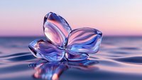 Delicate glass butterfly rests on rippling water surface against pink and purple sunset sky, creating magical reflection with transparent wings.