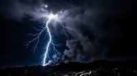 Dramatic lightning bolt strikes through dark storm clouds illuminating night sky, intense weather phenomenon for dramatic backgrounds and atmospheric designs.
