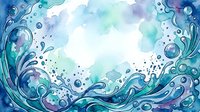 Watercolor abstract background with flowing waves, splashes and bubbles in shades of blue, turquoise and purple with white space for text or design overlay.