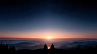 Person sitting by campfire watching sunrise over misty mountain ranges with starry sky transitioning to dawn light creating peaceful outdoor adventure scene.