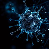 Microscopic view of glowing blue virus cell structure with spiky protein surface and intricate network patterns against dark background for medical science concept.