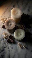 Three scented candles in neutral tones arranged on marble with dried botanicals and pinecones, suitable for home decor, wellness, and lifestyle marketing.