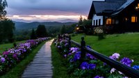 Wooden pathway through blooming hydrangea garden leads to cozy mountain cabin at twilight, overlooking scenic valley with distant hills.